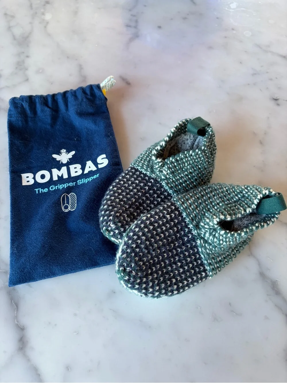 Bombas Gripper Slipper Kids Knit Slip-On Booties in Teal and Navy